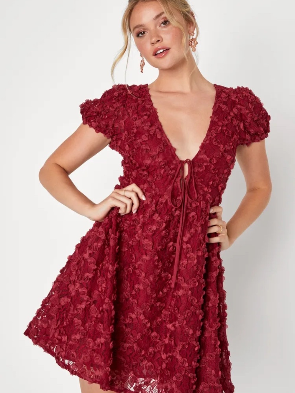 NWT Lulu's Burgundy Floral 3D Lace V-Neck Mini Dress